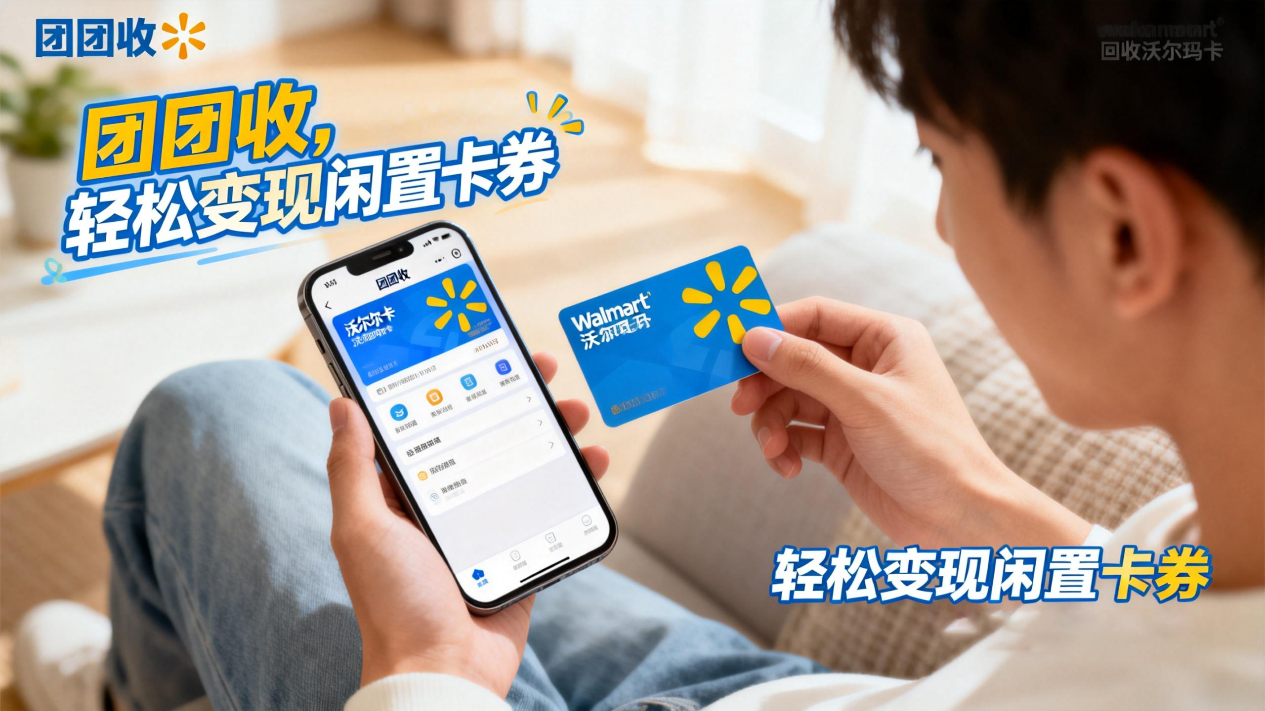 jimeng-2026-01-27-3362-一张生活化场景图，用于宣传“团团收回收沃尔玛卡”。一个年轻人的手拿着手机，手机屏..