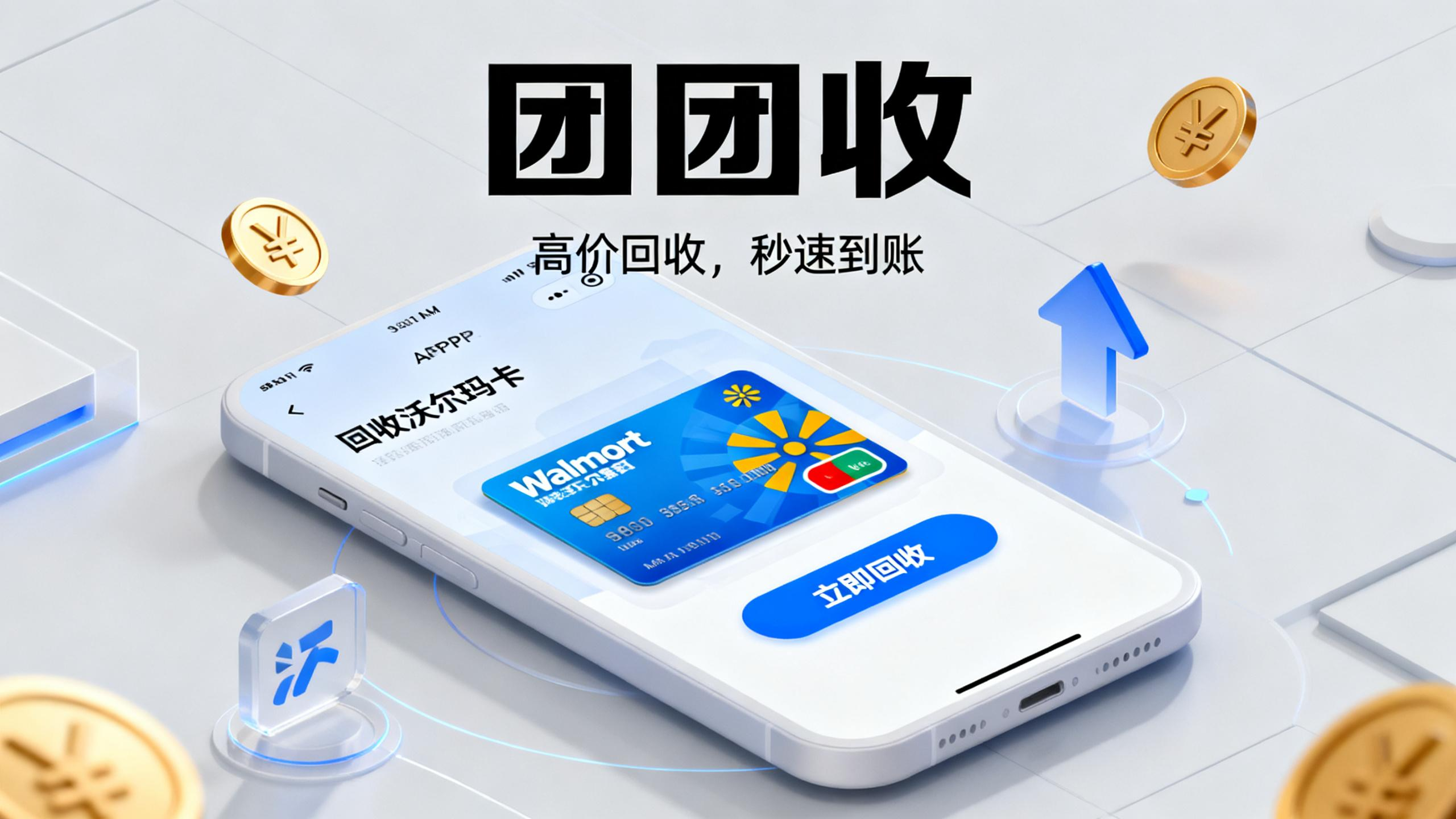 jimeng-2026-01-27-9088-一张宣传海报,主题为“团团收回收沃尔玛卡”。画面中央是一个简洁的APP界面,屏幕..