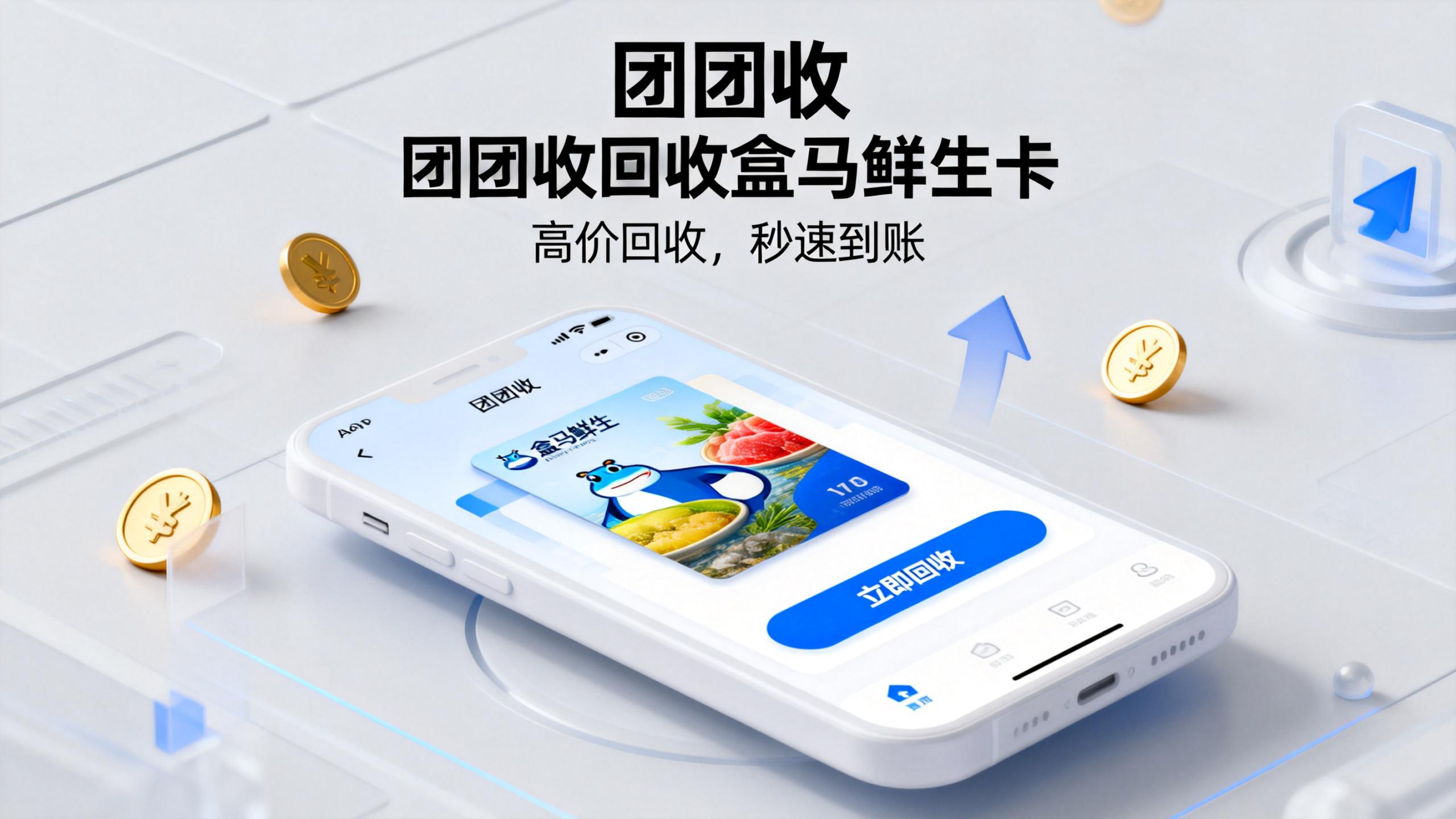 jimeng-2026-01-27-3430-一张宣传海报，主题为“团团收回收盒马鲜生卡”。画面中央是一个简洁的APP界面，屏..