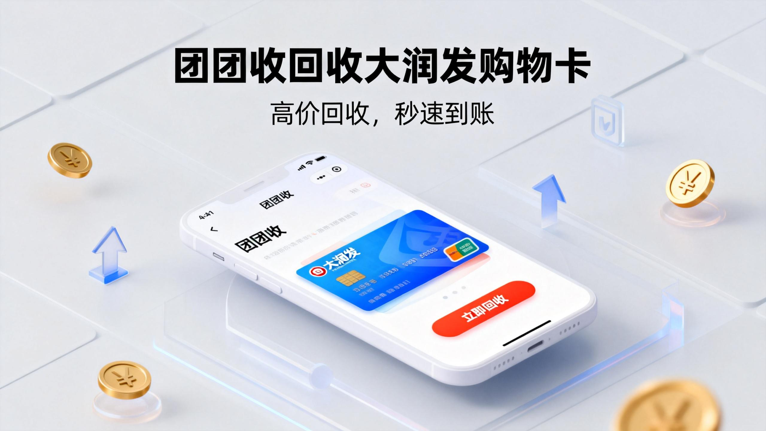 jimeng-2026-01-27-2798-一张宣传海报,主题为“团团收回收大润发购物卡”。画面中央是一个简洁的APP界面,..