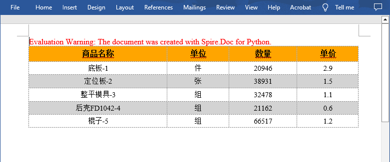 Python 在Word中创建表格并填入数据、图片