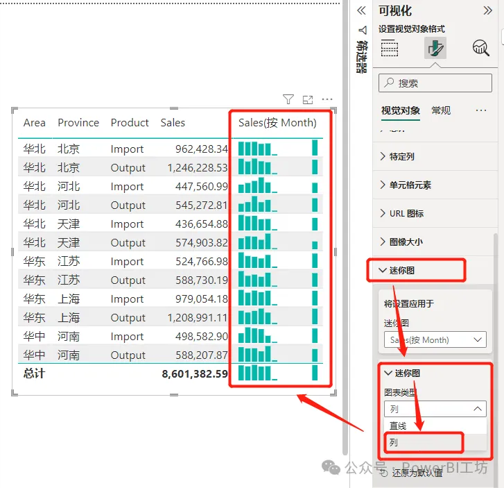 在Power BI表或矩阵中创建迷你图