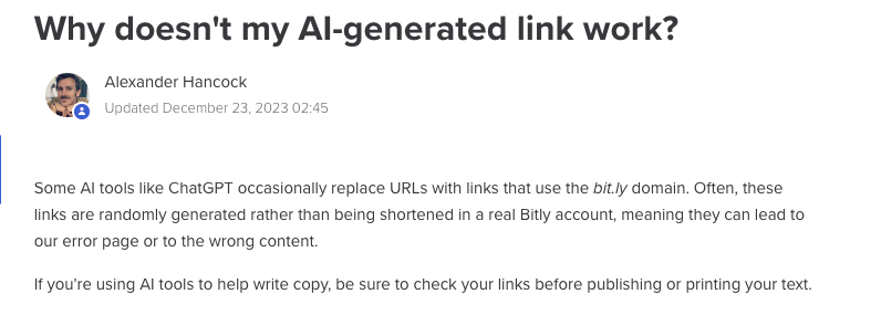 Bitly 工作人员对于部分 AI 工具生成短链错误的原因解释，图片来源：Bitly