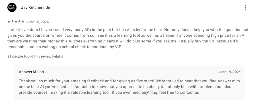 Answer AI 用户反馈，图片来源：Google Play