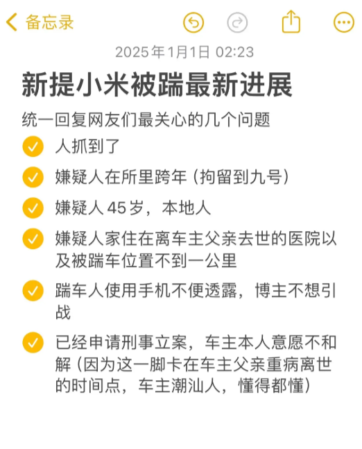 小米 SU7 停路边被踢了一脚哨兵模式立功！踢车男子被送进拘留所跨年