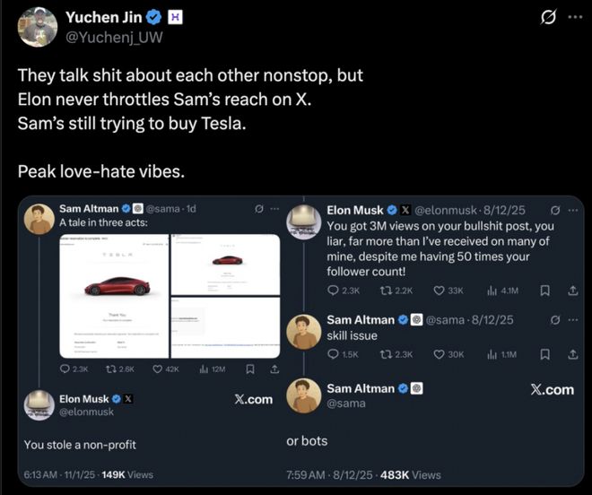 “硅谷甄嬛传”狗血续集：奥特曼优雅挑衅马斯克狠狠回击