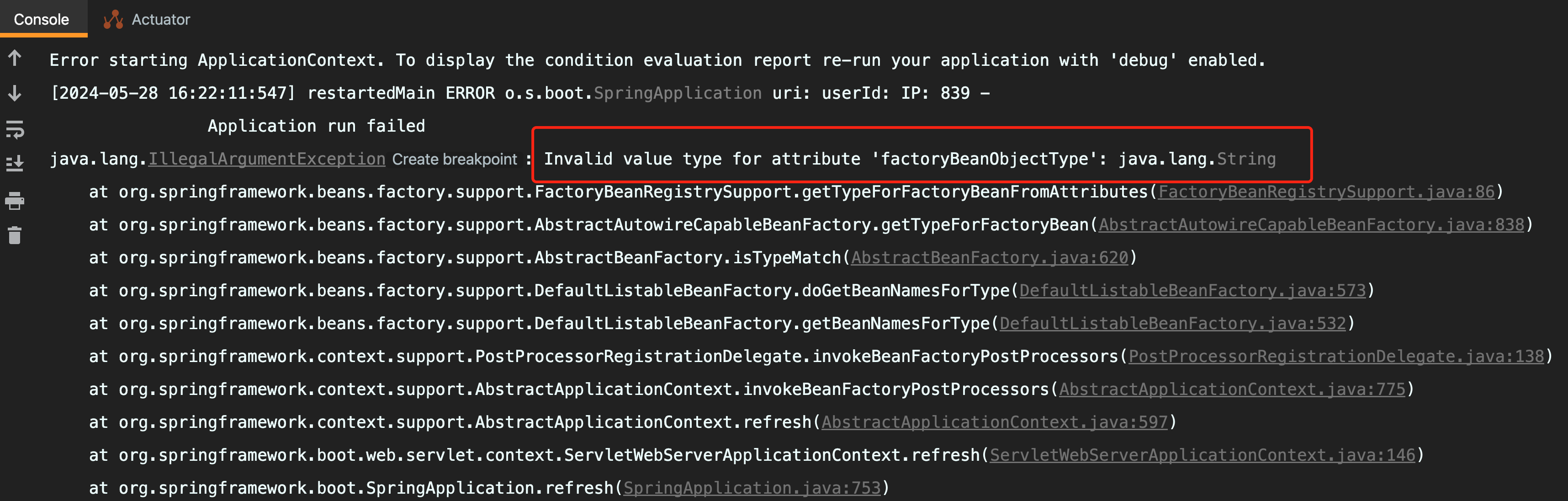 SpringBoot升级到3.2.0报错Invalid value type for attribute ‘factoryBeanObjectType‘: java.lang.String