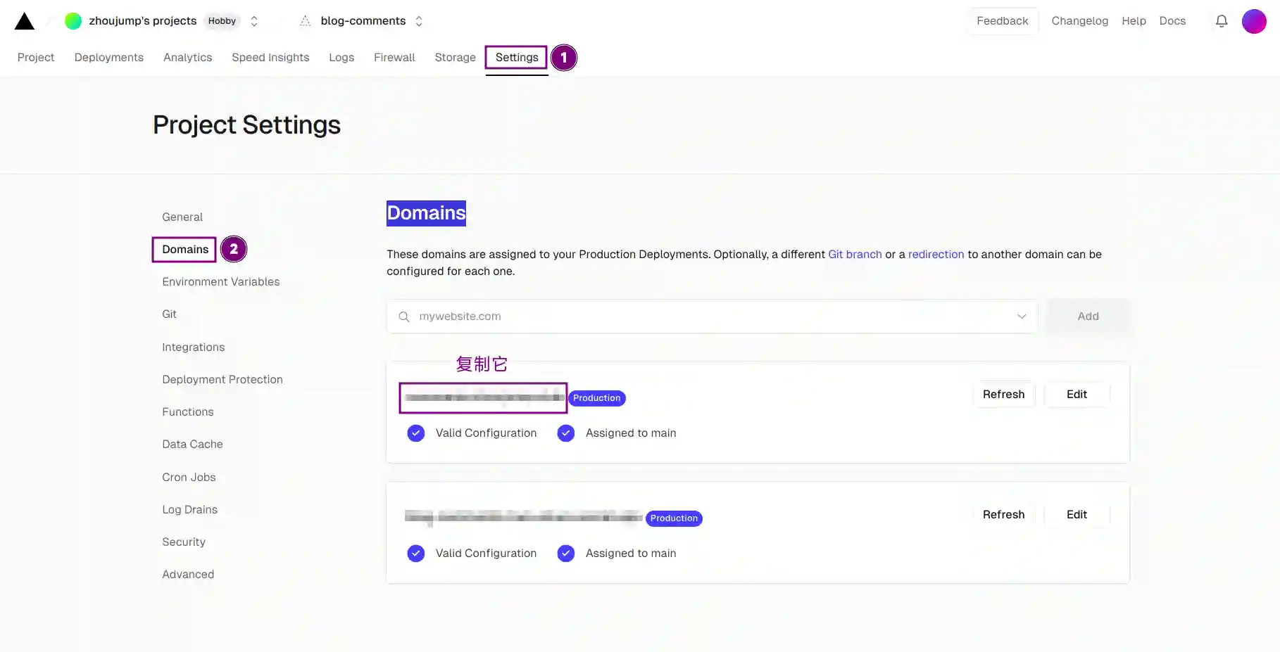 Domain name management interface
